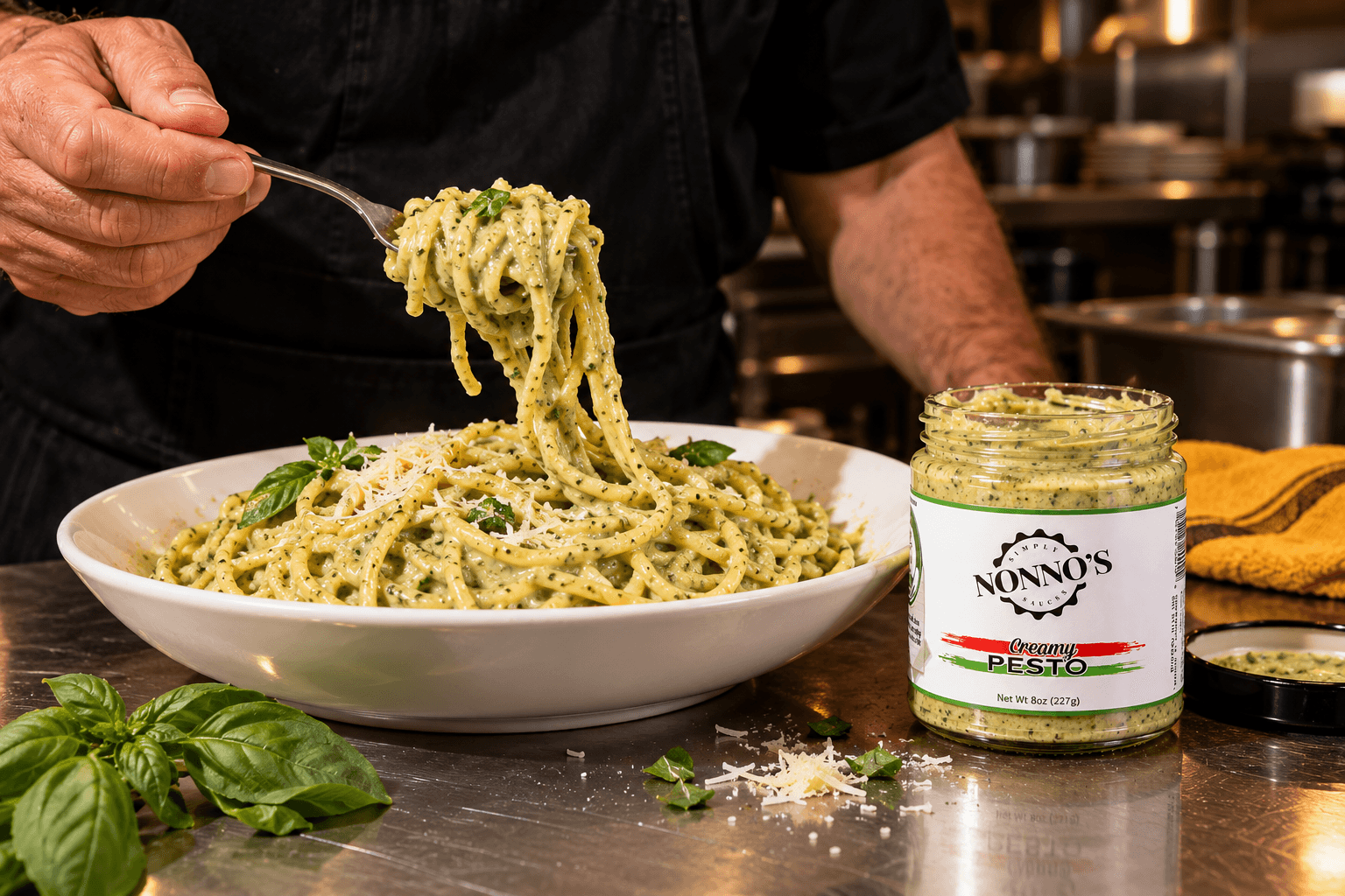 A fork lifting creamy pesto pasta beside an open jar of sauce.