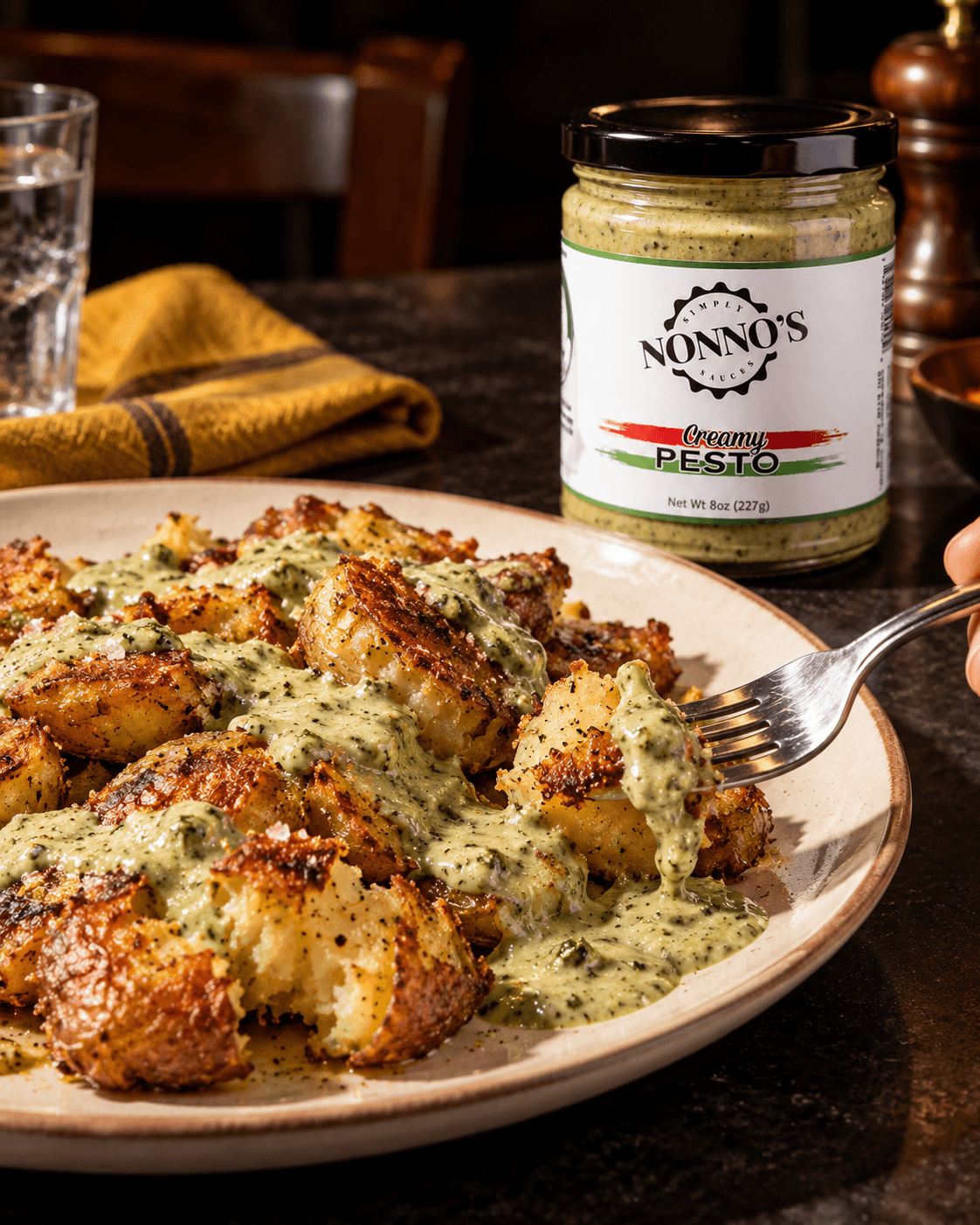 Crispy roasted potatoes topped with creamy pesto.
