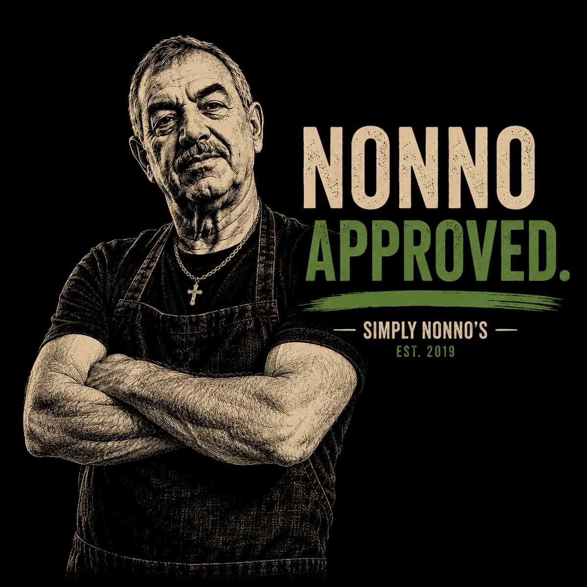 Stefano Lacommare with the Nonno Approved brand illustration