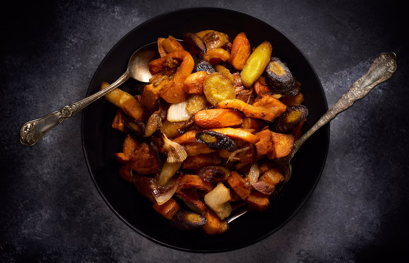 Roasted vegetables dark rustic